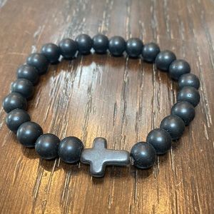 Black Beaded Elastic Cross Charm Bracelet